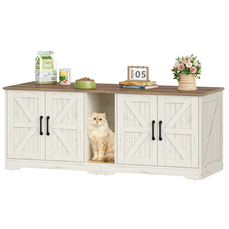 Cat Litter Box Enclosure for 2 Cats, Hidden Litter Box Furniture, Wooden Cat House Side End Table with Scratching Mat, Indoor Cats House for Living Room, 140 x 50 x 55 cm 