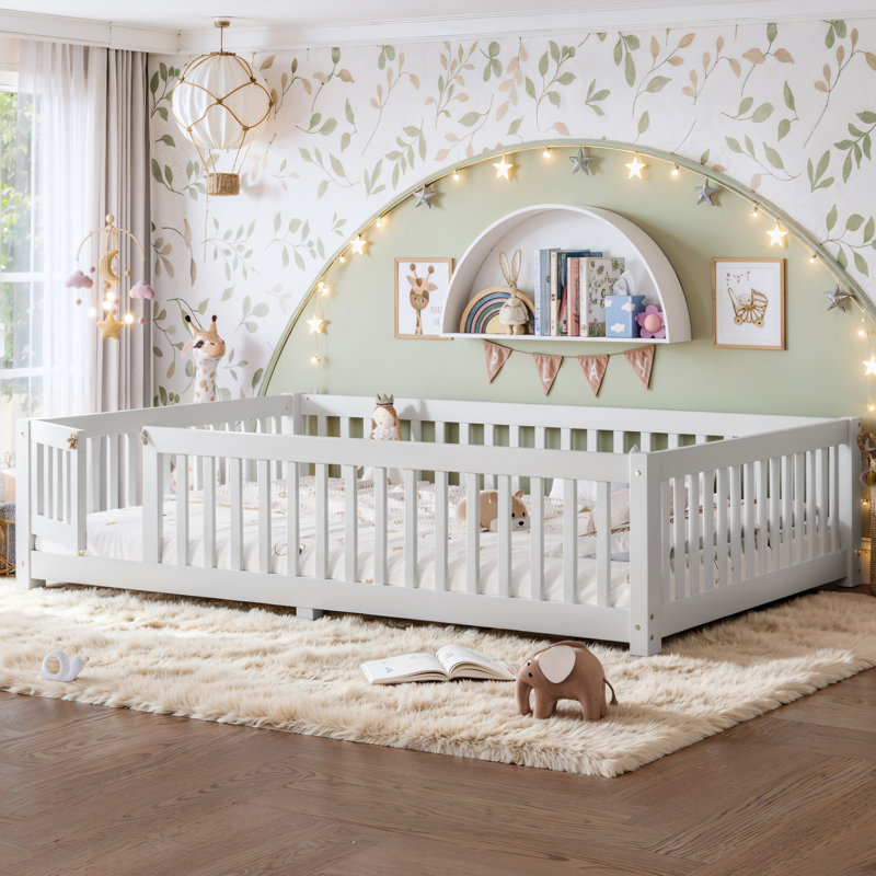 Queen Solid Wood Floor Bed with Safety Guardrails and Door, Queen, White