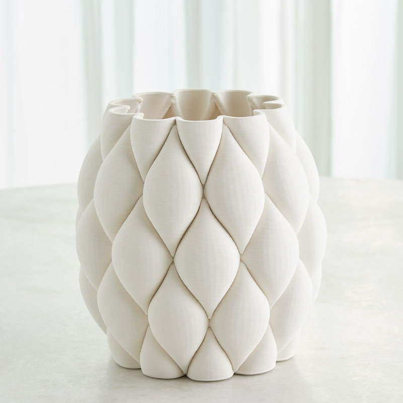 Pillowed Printed Vase-Matte White-Lg, 9.75" H x 9.25" W x 9.25" D