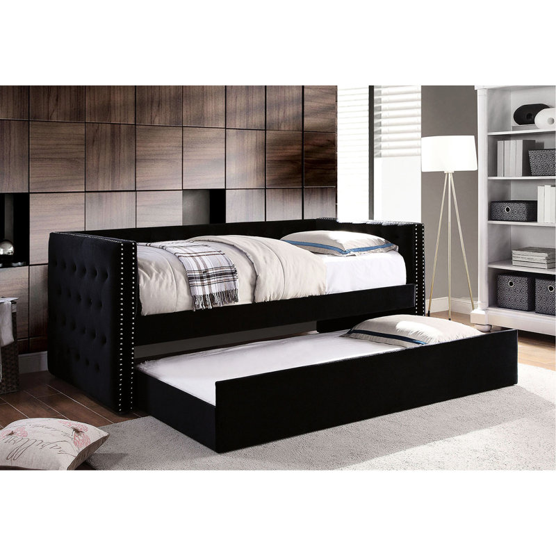 Transitional Button - Black Trundle Daybed, Flannelette Upholstery, Look, Nailhead Trim, Slat Kit Trimmed Daybed With Trundle, Style, Padded Design,