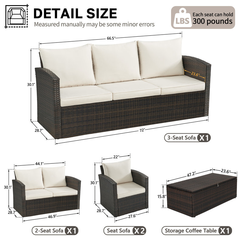 Ensemble de conversation 5 pièces pour patio en osier, Beige