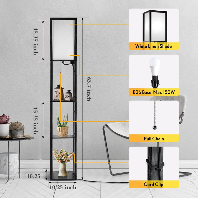 Tylei 63.7'' Black Column Floor Lamp with USB and Outlet