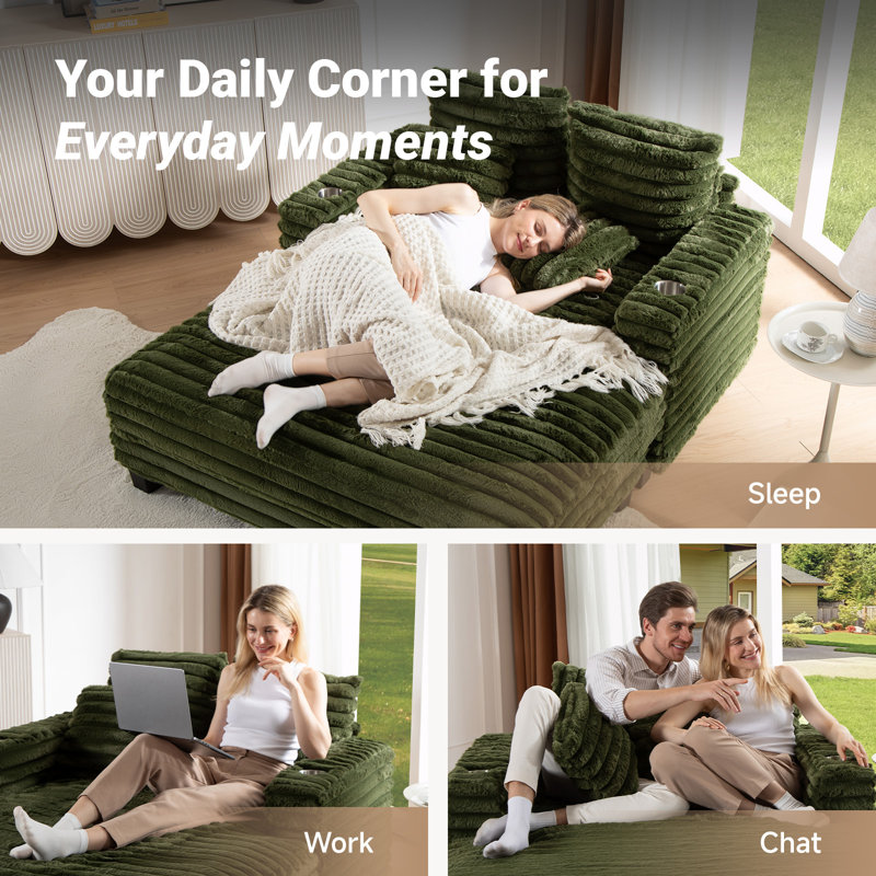 Chaise Lounge Chair Indoor, Amsleekey 64" Oversized Sleeper Chair With Wood Frame, Upholstered Sofa Bed For Living Room, Movie Room, Bedroom With 4 Storage Pockets& 2 Cup Holders(Plush Corduroy, Green)