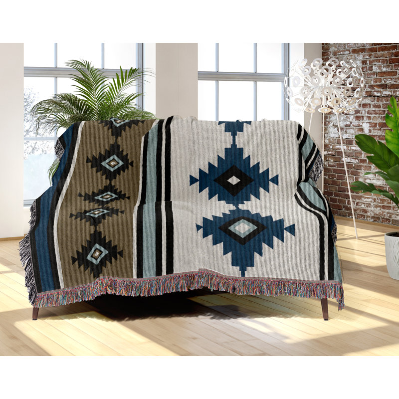 Couverture en mélange de coton Carlos South Western, L 60 po x l 60 po, Bleu / noir / or terne / blanc cassé