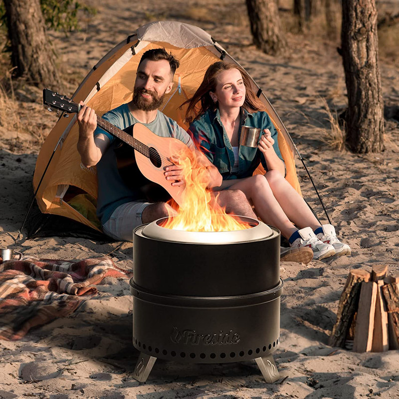 19" Smokeless Fire Pit, Detachable Stainless Steel Camping Stove with Stand, Removable Ash Pan, Nested Design, Black