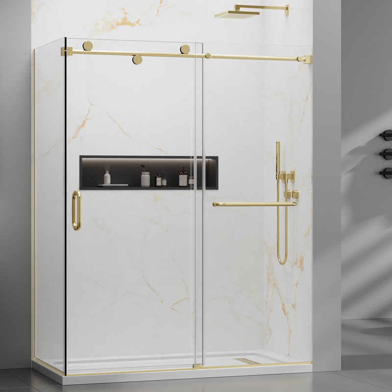 YTTSOYTS Frameless Corner Shower Door 60" x 76" with Side Panel 32" x 76", Nano-Coated Tempered Glass Shower Door Enclosure Single Sliding Door 5/16" Glass Thickness, Brushed Gold