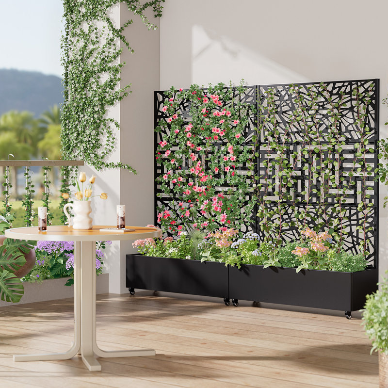 Support pour plante en fer noir avec roues - H 73 po x P 16 po x L 47 po, conception modulaire autoportante, ensemble 1 pièce