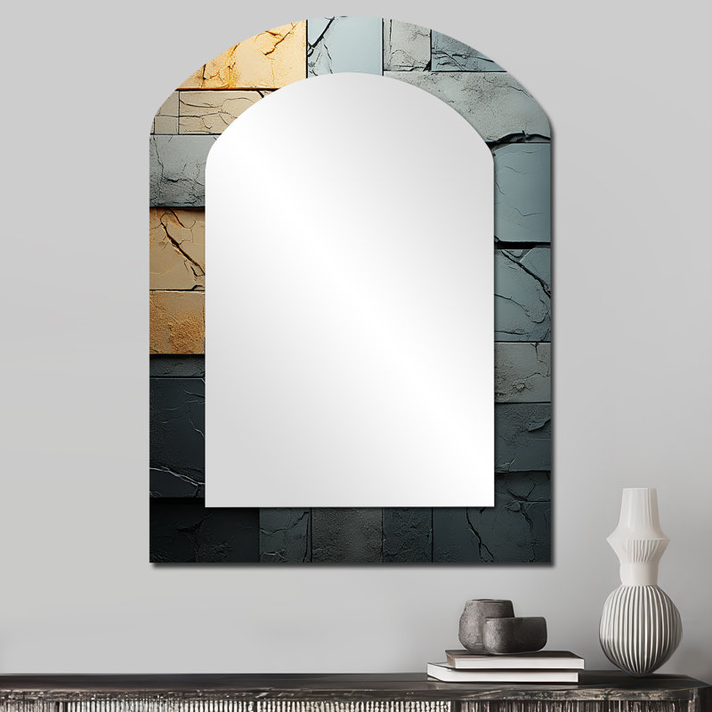 Grey and black Urban Cubist stones II - Cubism Asymmetrical Wall Mirror, Modern Arch Decorative Mirror, Printed Metal Art