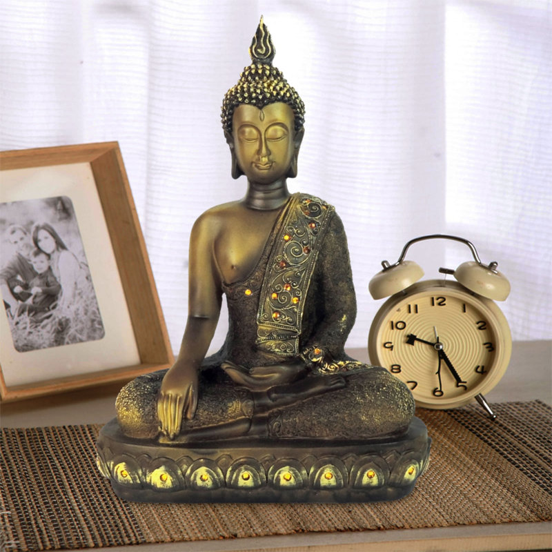 Brown Polystone Meditating Buddha Sculpture with Engraved Carvings and Relief Detailing