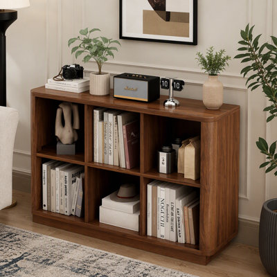 Bibliothèque à 6 cubes, bibliothèque horizontale de 40 po de large avec bordure incurvée, bibliothèque à 2 niveaux avec base en bois, base courte pour chambre à coucher, salon, bureau, noyer