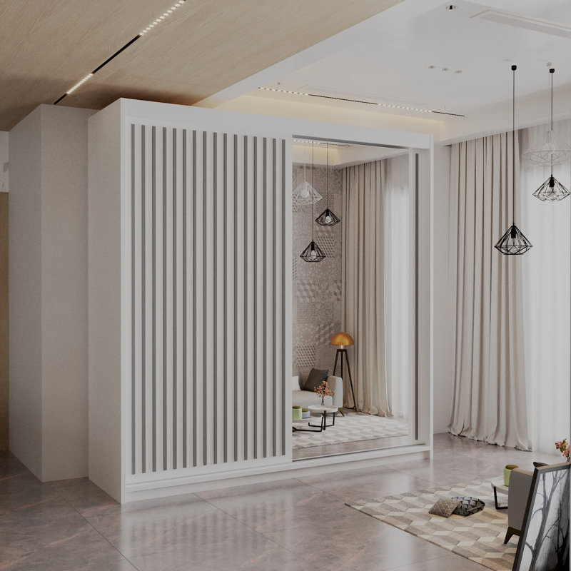 Sliding Wardrobe with Mirror Modern Bedroom 4 Colours 3 Sizes, White, 217cm H x 203cm W x 62cm D