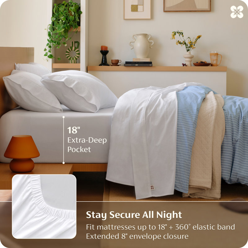 Ensemble de draps 100% coton lavé - draps en percale texturée très grand, ensemble de draps 6 pièces avec poche profonde de 18 po, respirant et tissé doux et confortable (blanc, très grand)