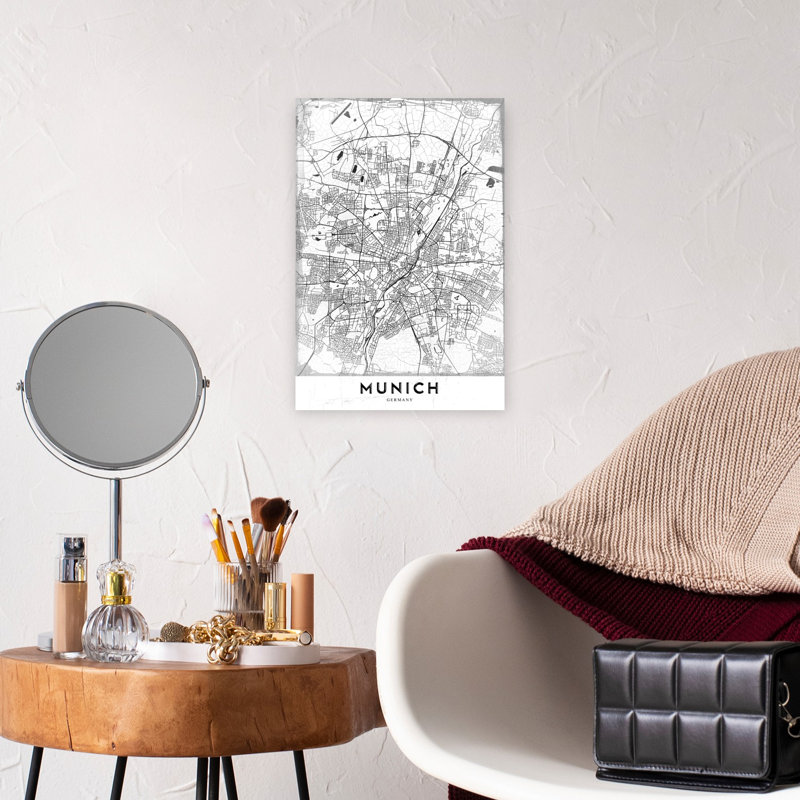 Carte de la ville de Munich - Art mural abstrait contemporain - Architecture urbaine, H 18 po x l 12 po