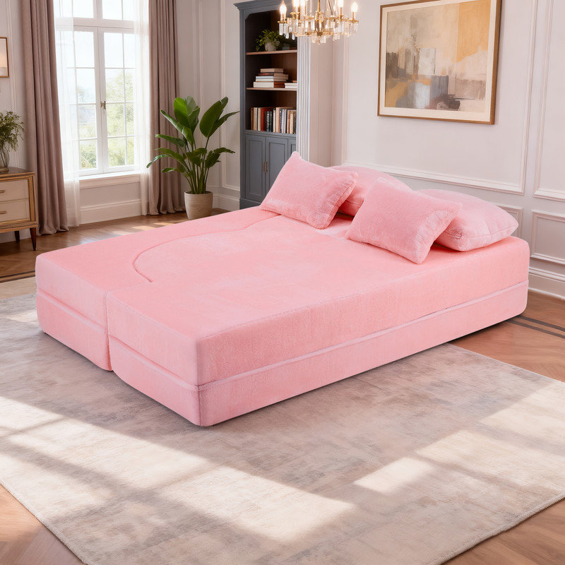 Canapé-lit en chenille Boneless, grand, futon pliable en mousse à haute densité, Rose