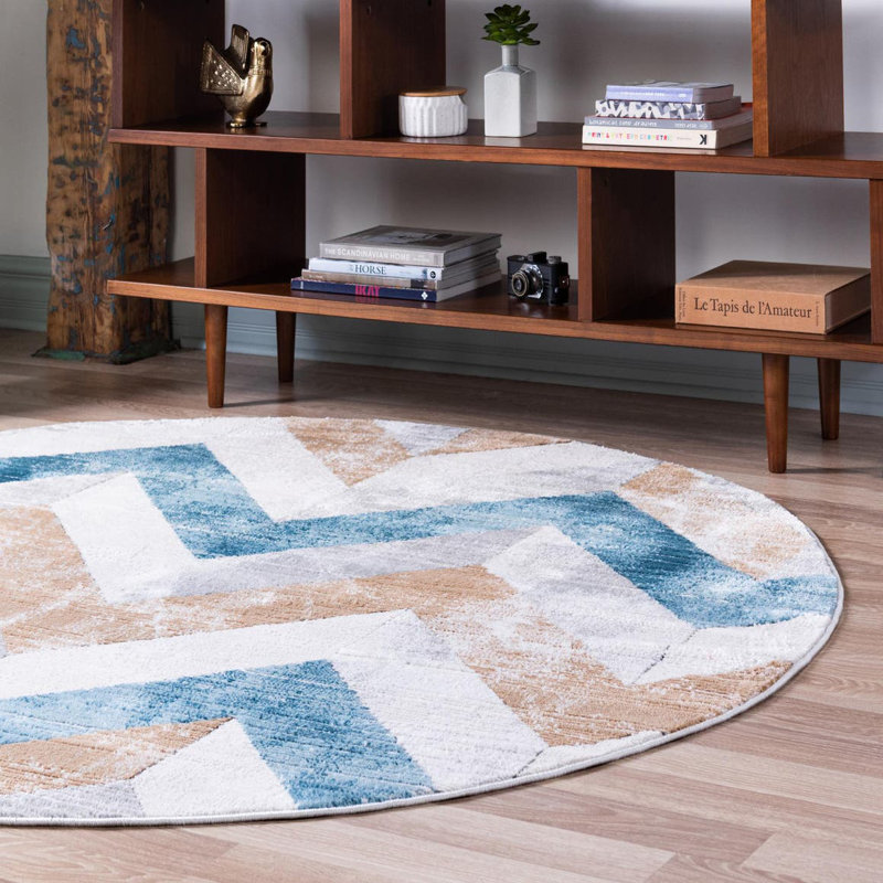  Tapis à chevrons beige / bleu, Rond 3 pi 3 po