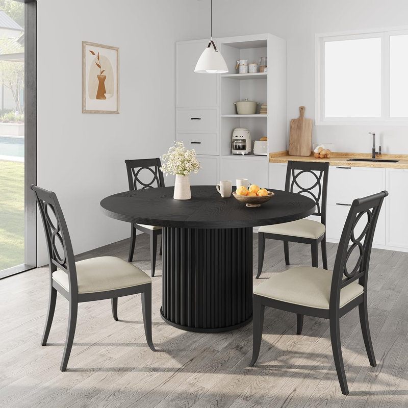 47Inch Round Dining Table for 4-6 People, Black Dining Room Table with Sturdy Waveform Metal Pedestal Base, Industrial Circle Kitchen Table for Dining Room, Kitchen