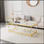 Table basse moderne et minimaliste à structure en métal doré avec pieds en acrylique, durable et élégante pour tout espace de vie