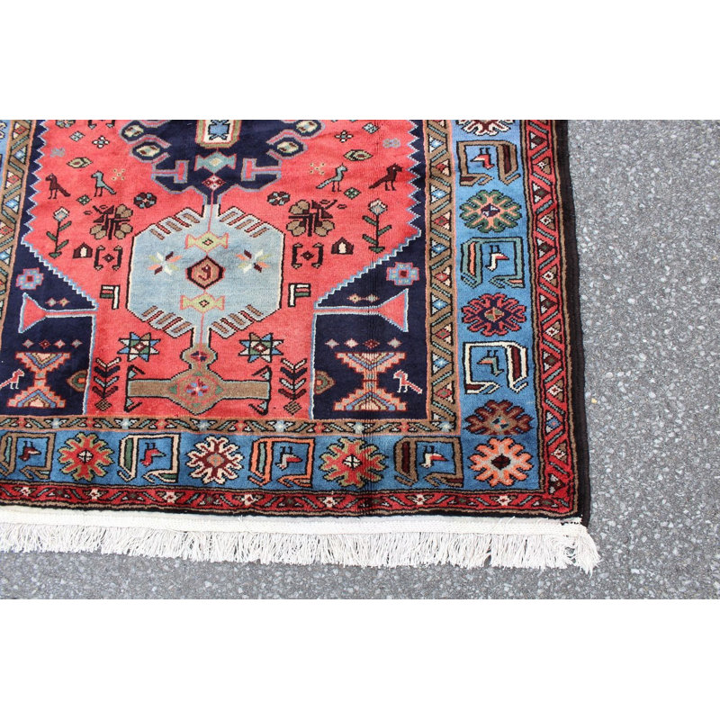 Tapis corail / bleu clair en laine noué à la main de conception unique des années 1950 de 4 pi 4 po x 6 pi 7 po