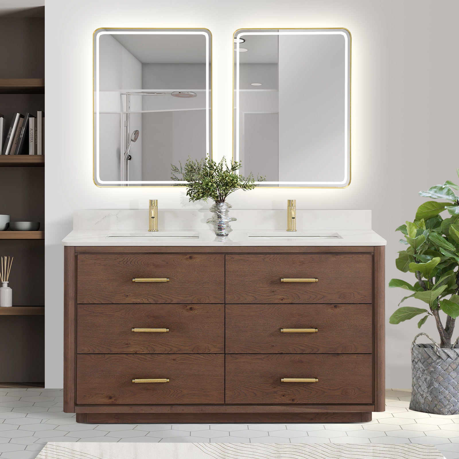 Porto 60'' Double Bathroom Vanity, Dark Brown Oak, Gold