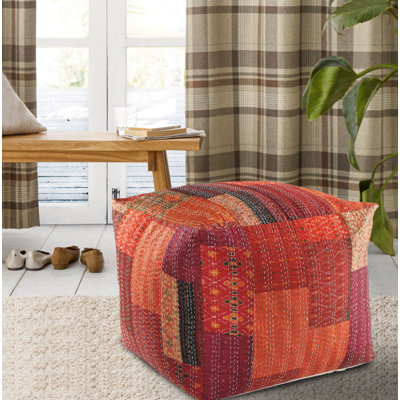 Shakia Bohemian Patchwork Handmade Silk Upholstered Ottoman Pouf