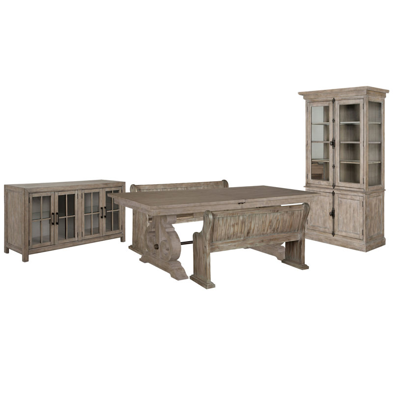 Table de salle à manger extensible rectangulaire avec 2 bancs et armoire de salle à manger, Beige