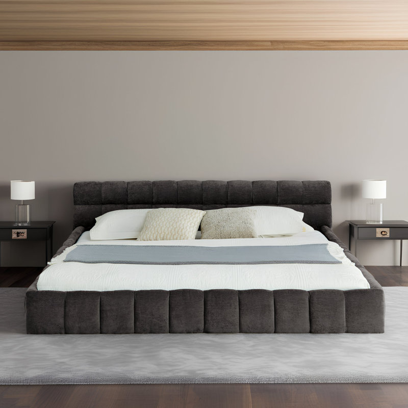 Upholstered California King Platform Bed with Headboard - Soft Chenille Fabric, No Box Spring Needed, Gray