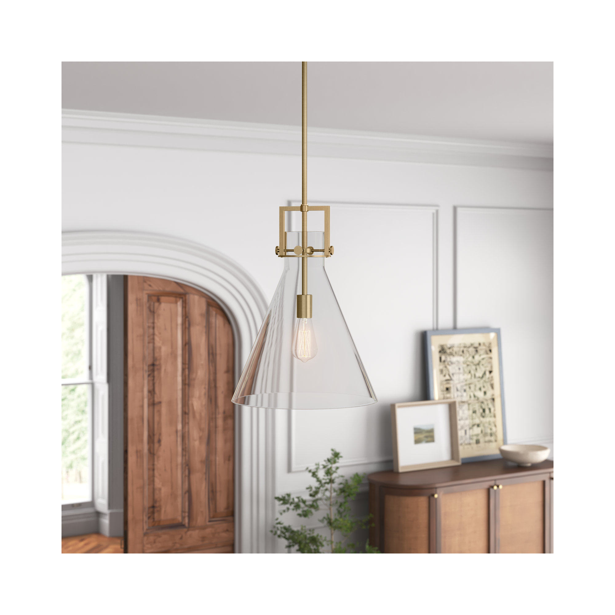 Coterie Single Light Glass Dimmable Pendant, 19.13" H x 14" W x 14" D, Brushed Brass, Clear