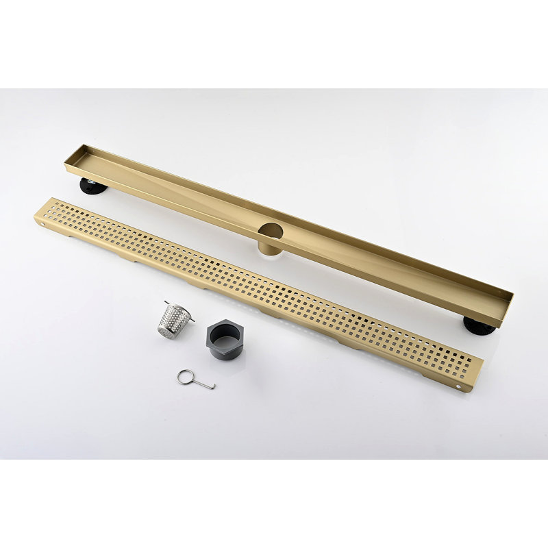 30 Inch Linear Shower Drain With Removable Quadrato Pattern Grate Cover, 304 Stainless Steel Shower Floor Drain With Hair Strainer And Leveling Feet