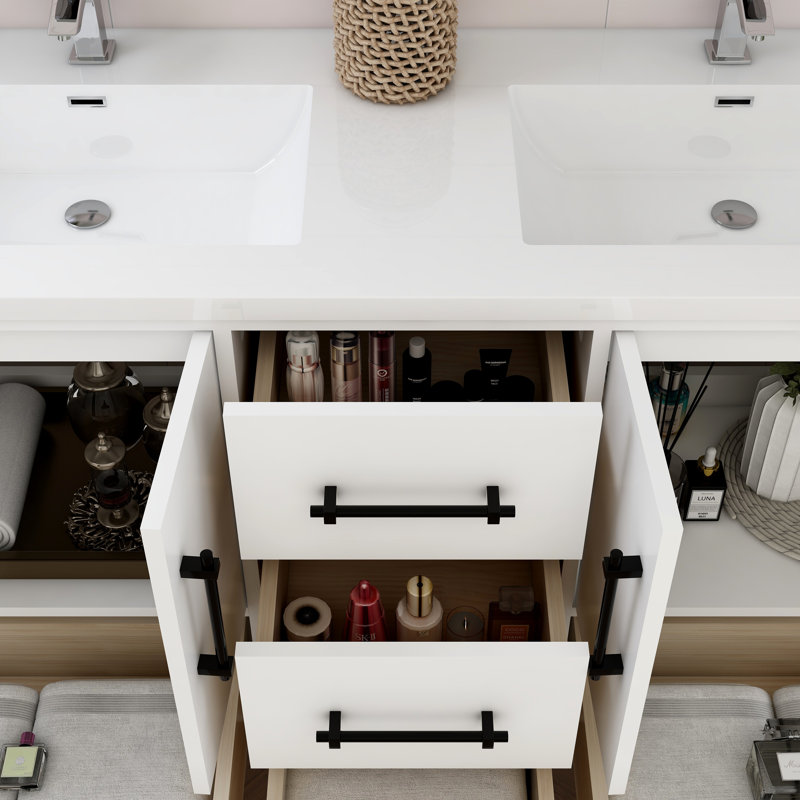 Meuble-lavabo double 58,9 po avec plateau en acrylique Victoria, Blanc lustré