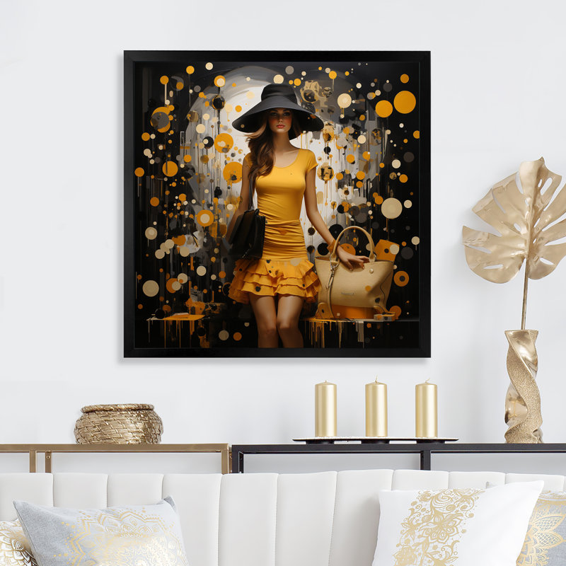 «Yellow Fashionistas Dream Pointillism II» - Imprimé, H 16 po x l 16 po x P 1 po, Cadre simple noir
