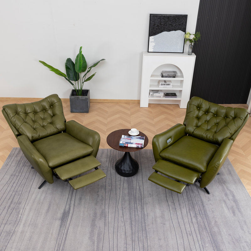 Genuine Leather Swivel Wingback Recliner (Set Of 2), Olive Green