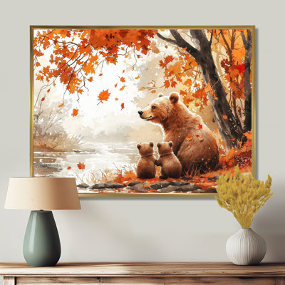 Mère ours avec des oursons en automne I - art mural ours