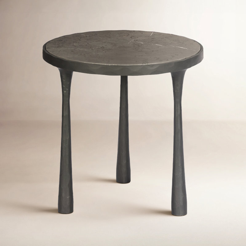 Billings End Table, Gray Italian Marble Top/Hammered Gunmetal Base