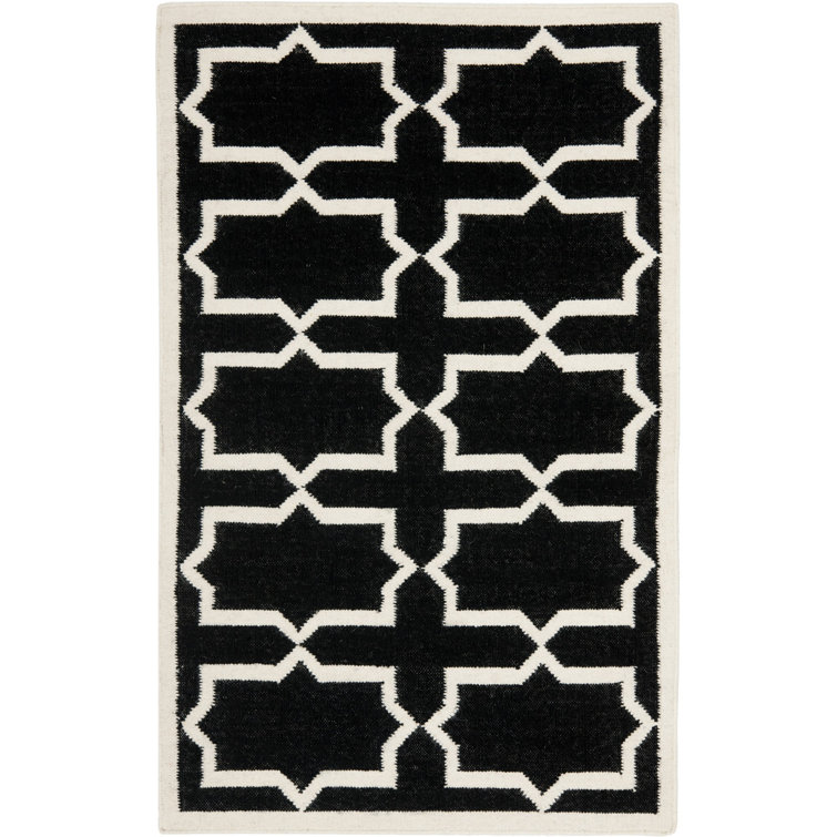Rodgers Hand Woven Flat Weave Wool/Cotton Geometric Rug in White/Black