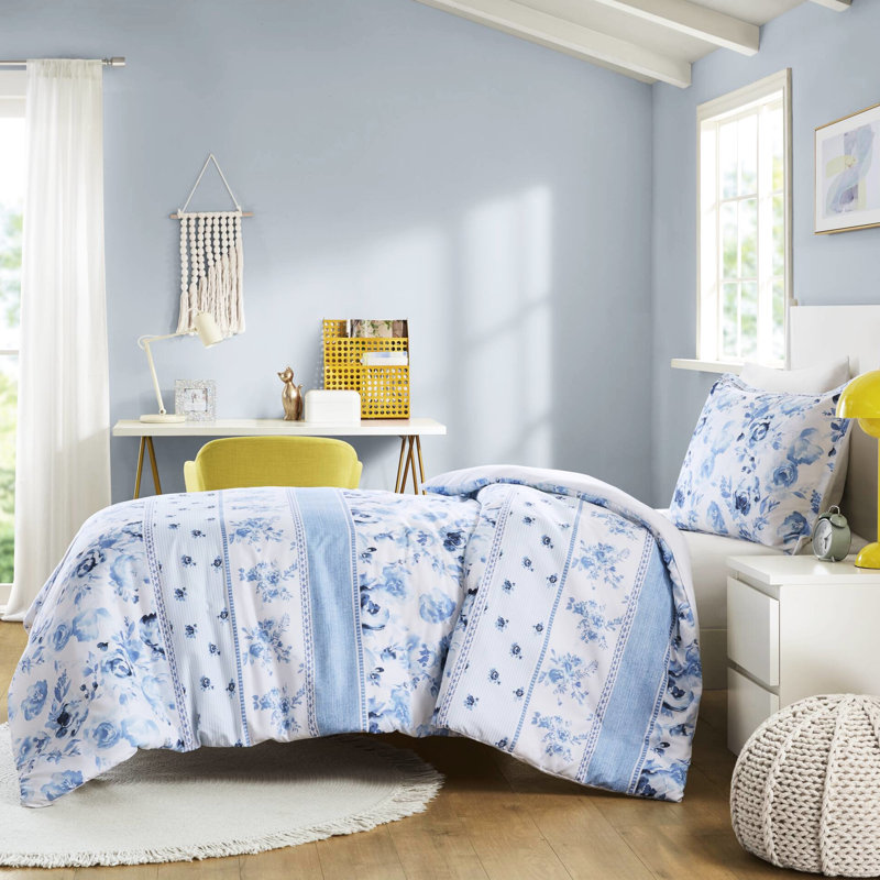 Housse de couette à rayures florales séduisantes en tissu de microfibre, Édredon pour lit double et 2 pièces supplémenta