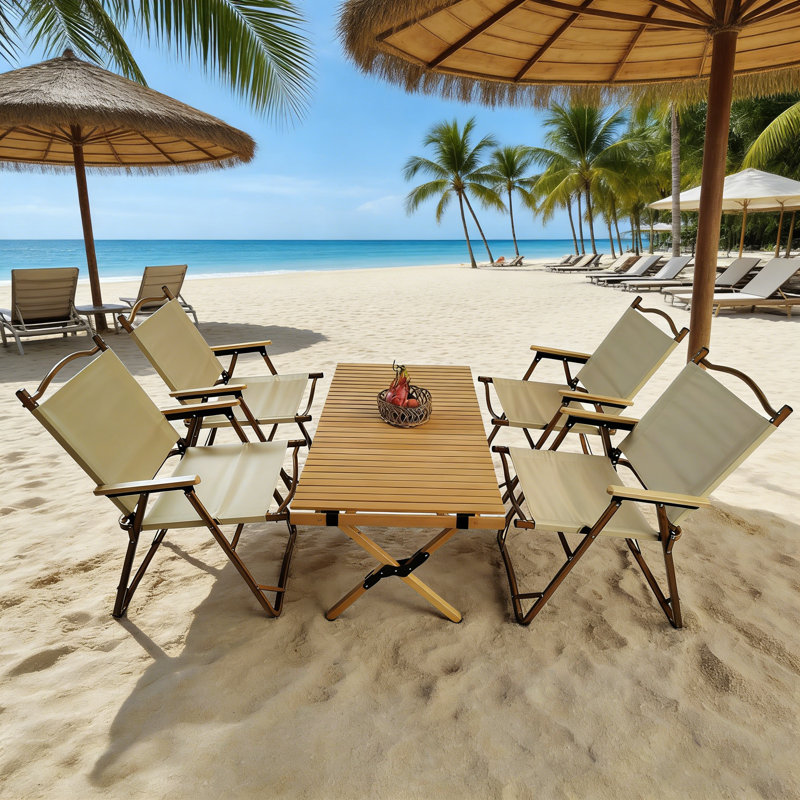 Multi - Function Foldable And Portable Dining Set, Including 1 Dining Table And 4 Folding Chairs, Suitable For Both Indoor And Outdoor Use, Natural Style, Perfect For Children's Meals And Activities