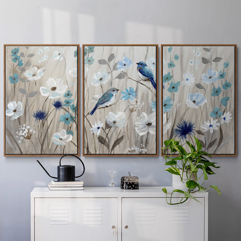 Oiseaux bleus au printemps, reproduction sur toile 3 pièces, H 24 po x l 48 po x P 2 po, Argent