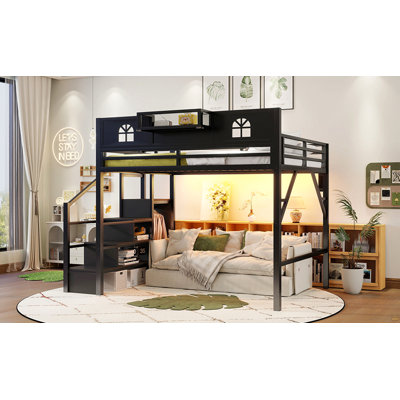 Queen Size Loft Bed With Stairs, Metal Queen Loft Bed With High And House Shaped Guardrails, High Loft Bed With Wardrobe