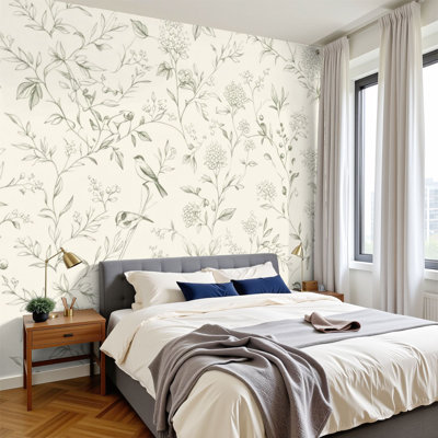 Peel and Stick Wallpaper 96" W x 69" H Modern Self Adhesive Wall Mural for Bedroom Botanical Birds Floral Elements Soft Green Tones