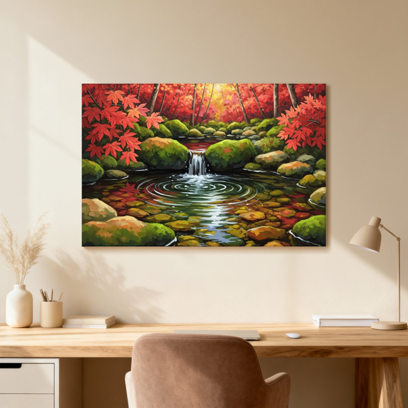 Plantes et fleurs, feuilles d'automne, ruisseaux, chute d'eau, forêt, soleil, H 16 po x l 24 po, Toile tendue