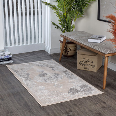 Beige Traditional Rug, Bordered Floral Easy to Clean Rug For Living, Dining Room, Bedroom