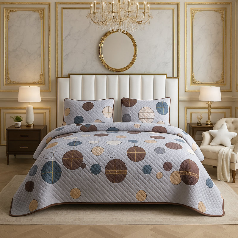 Ensemble de courtepointe réversible en mélange de coton , Courtepointe très grand + 2 taies décoratives, Gris / brun