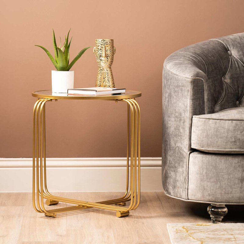 Aderhold 55cm Gold Metal Round End Table For Living Room Furniture, Sofa Side Table with Mirror Top