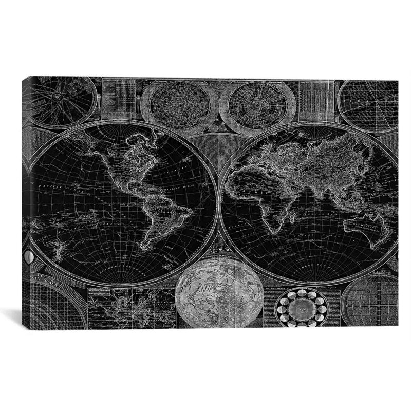 Carte générale antique du monde (1794) par samuel-farding, impression sur toile noire, H 8 po x l 12 po x P 0,75 po