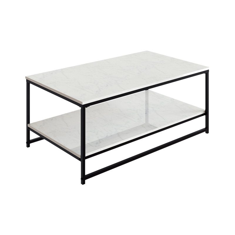 Opulent 43" Rectangular Coffee Table with Dual Marble Surfaces and Black Metal Frame
