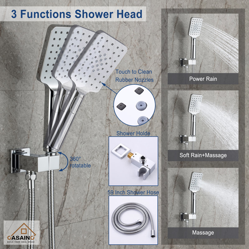 Chrome 10" Square Wall Mounted Rainfall Shower System with Handheld