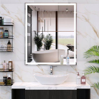 30X36 Inch Smart Bathroom Mirror With Led - Fog, Touch Control, Construction, Stylish Button, Horizontal/Vertical Hang, Fashionable