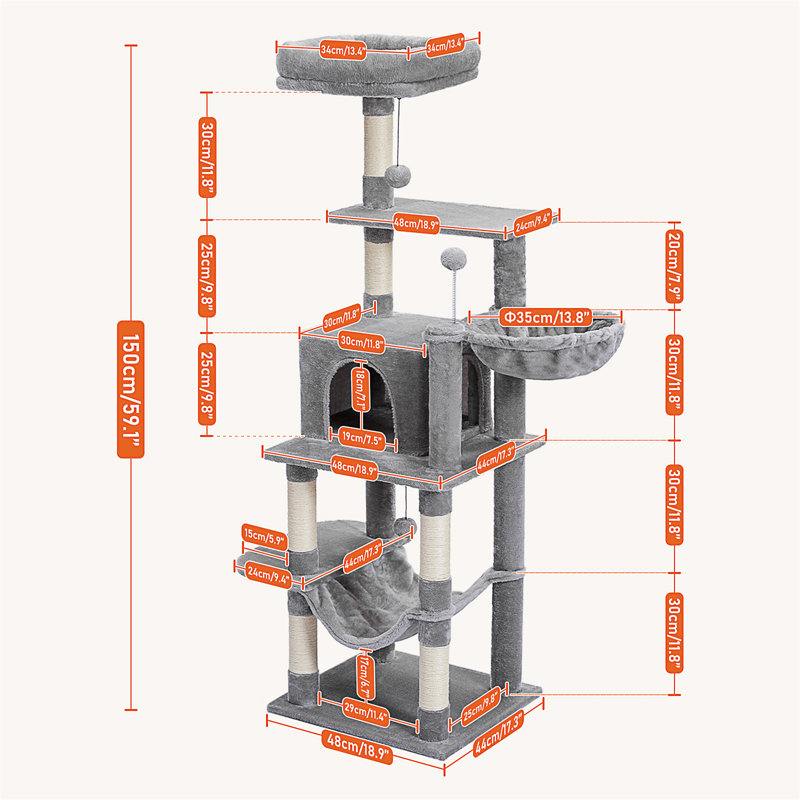 Arbre à chat 60 po, grande tour pour chat, condo à plusieurs niveaux pour chats avec hamacs pour chat, poteau à griffes recouvert de sisal naturel et perchoir supérieur moelleux, gris