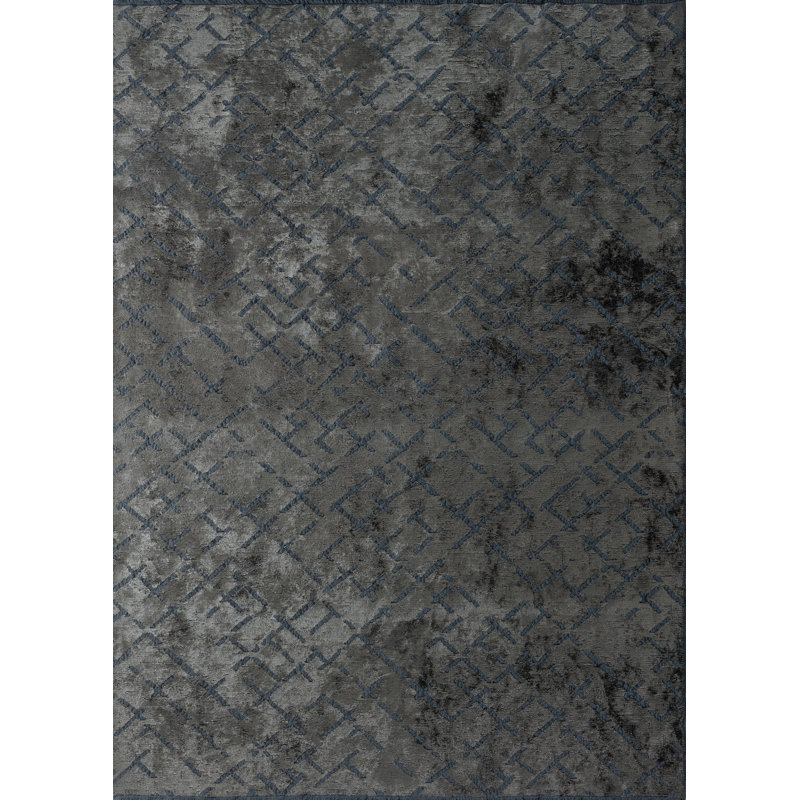 Tapis gris foncé géométrique en coton tissé à plat, Rectangle 7 pi 10 po x 11 pi 2 po