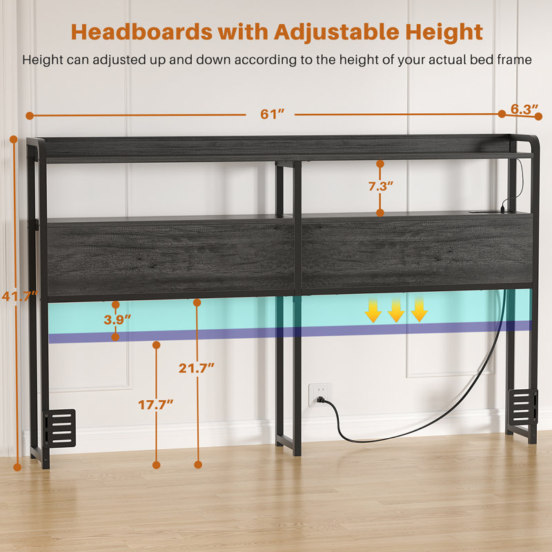 Storage Headboards With Outlets,USB Ports And LED Light, Gray, Queen